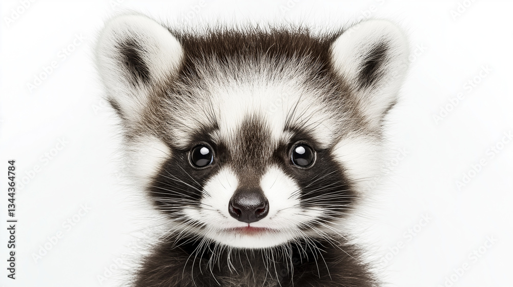 Obraz premium Close-up portrait of a baby raccoon with soft fur and bright eyes against a white background. A cute and detailed wildlife image perfect for nature, conservation, and animal themes. 