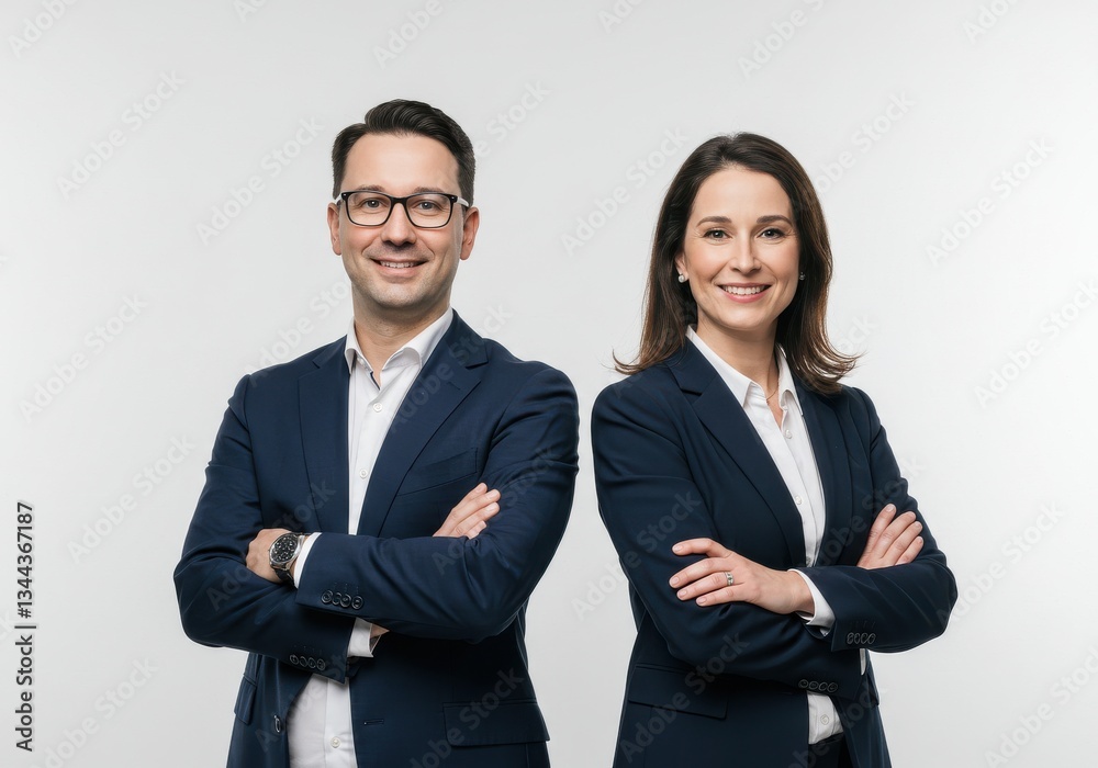Confident business partners in corporate headshot, smiling with arms crossed in business attire Confident business partners in corporate headshot, smiling with arms crossed in business attire