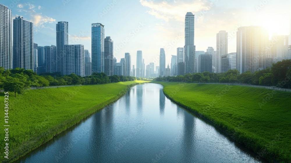 Obraz premium Serene Urban Landscape with River and Green Grass in a City