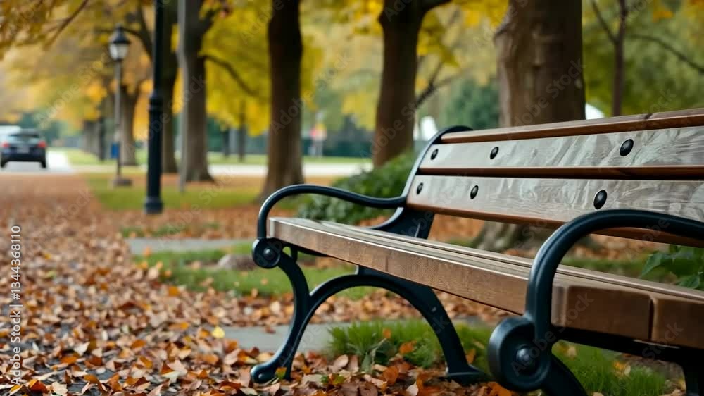 Wooden Park Bench in Autumn Setting: Brown Wood and Black Metal Bench Amidst Golden Fall Foliage and a Blurred City Street Background Wooden Park Bench in Autumn Setting: Brown Wood and Black Metal Bench Amidst Golden Fall Foliage and a Blurred City Street Background
