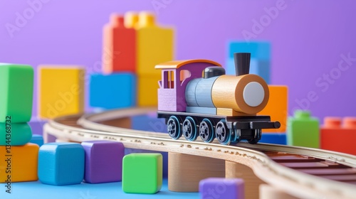 A wooden toy train rides along wooden tracks, surrounded by building blocks.