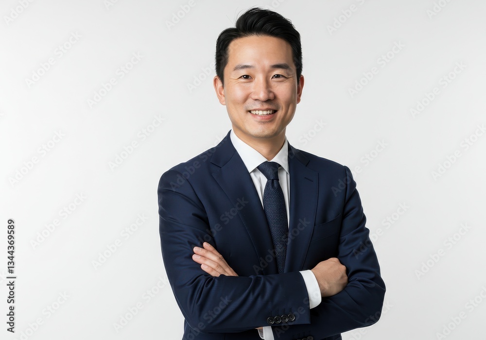 Professional Asian businessman in navy blue suit with confident smile and arms crossed for corporate headshot Professional Asian businessman in navy blue suit with confident smile and arms crossed for corporate headshot
