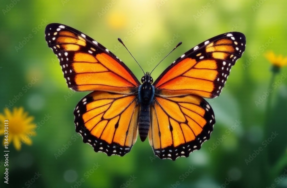 Fototapeta premium Woman and butterfly in meadow at sunrise, closeup. Health, spring, freedom, beauty