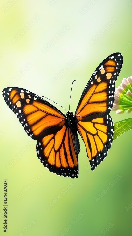 Fototapeta premium Vibrant Monarch Butterfly Perched on Green Leaf in Natural Light