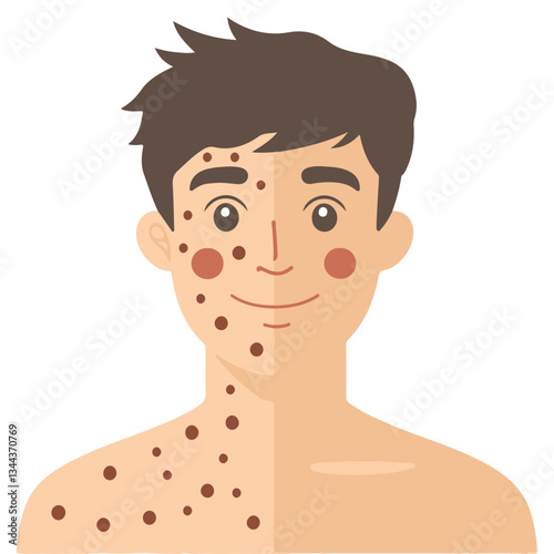 Illustration shows split image of man before and after illness, emphasizing need for vaccination. Vaccine prevents rash, and supports public protection. Vaccination and public health awareness concept