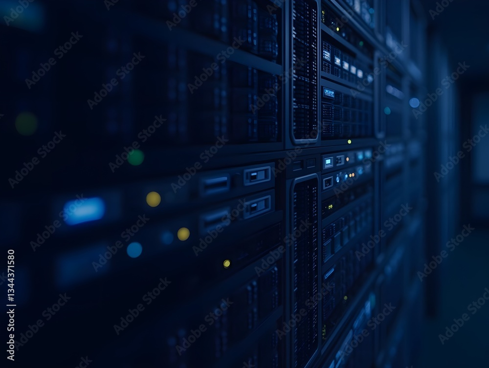 Close-up view of illuminated server racks in a data center, showcasing technology and connectivity Close-up view of illuminated server racks in a data center, showcasing technology and connectivity