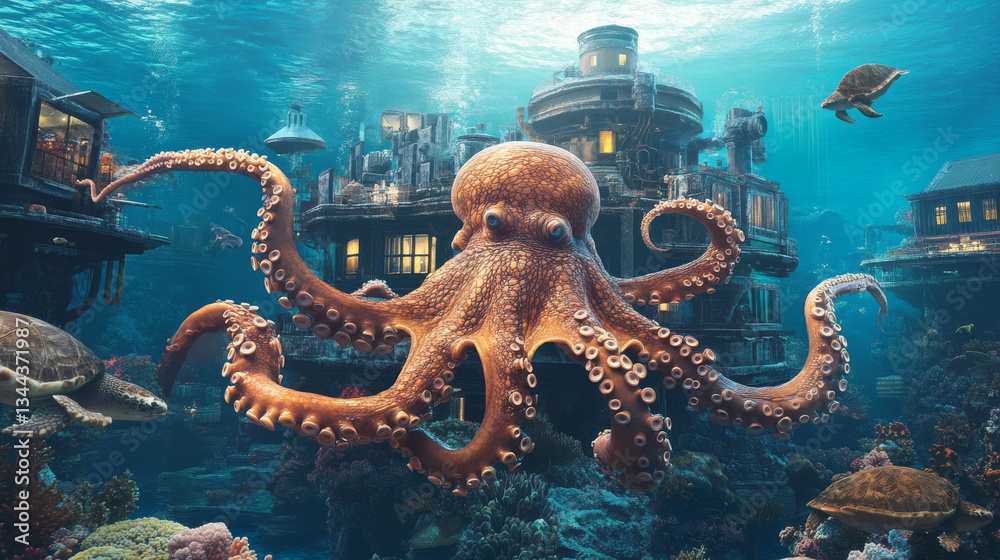 Obraz premium octopus gracefully swims through vibrant underwater city, surrounded by colorful coral reefs and sea turtles. scene captures beauty of marine life and intricate architecture of submerged buildings