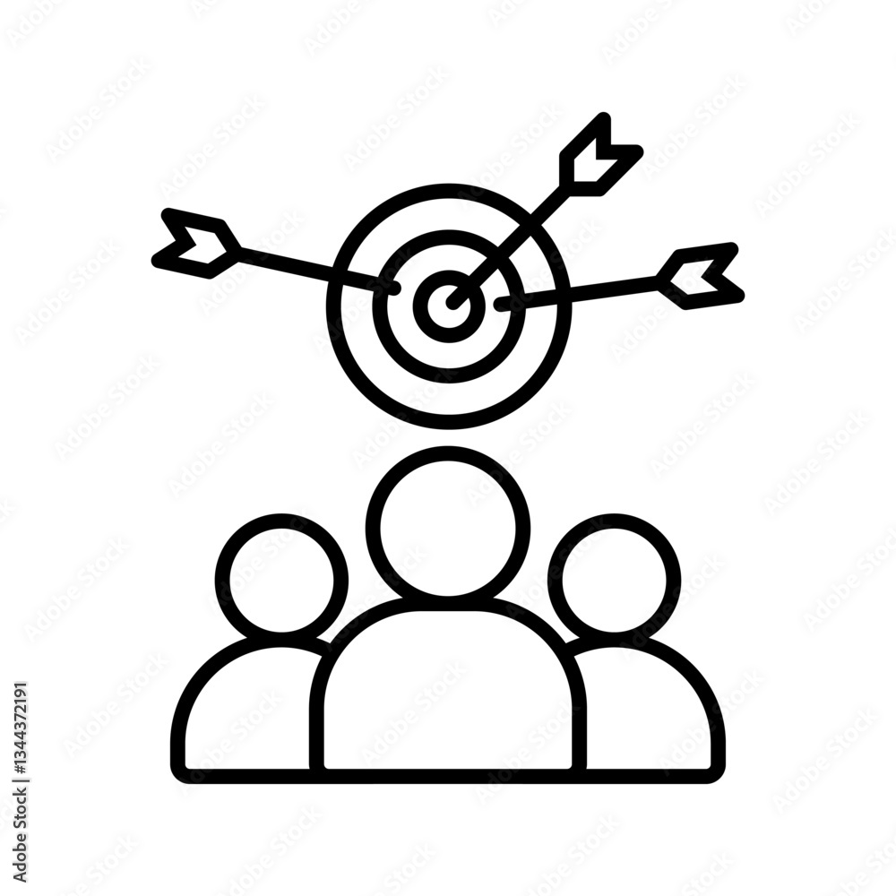Target audience icon. Depicts a stylized group of figures with a dart hitting a target above them. Vector illustration Target audience icon. Depicts a stylized group of figures with a dart hitting a target above them. Vector illustration
