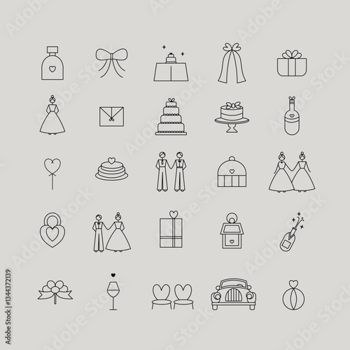 Wedding Line Icons Set – Minimalist Love, Ceremony, and Celebration Symbols