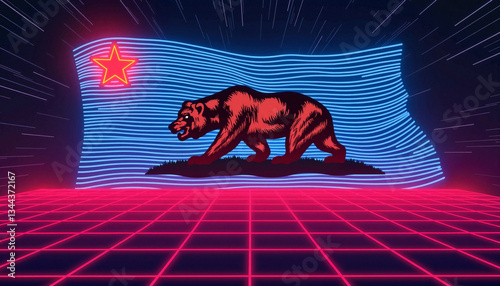 Neon California bear in retro-futuristic style with glowing lines, energy