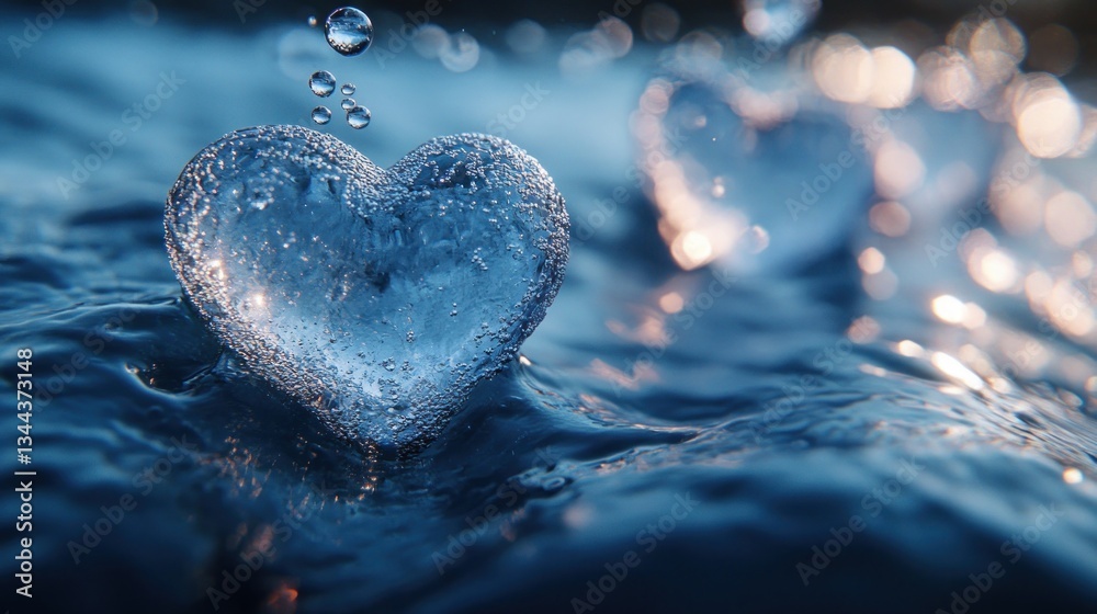Obraz premium Water heart shape with bubbles floating on dark blue water.