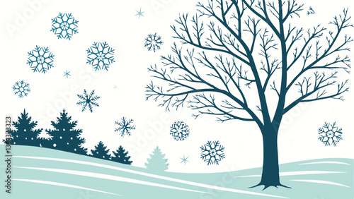 Random falling snow flakes wallpaper. Snowfall dust freeze granules. Snowfall sky white teal blue background. Many snowflakes