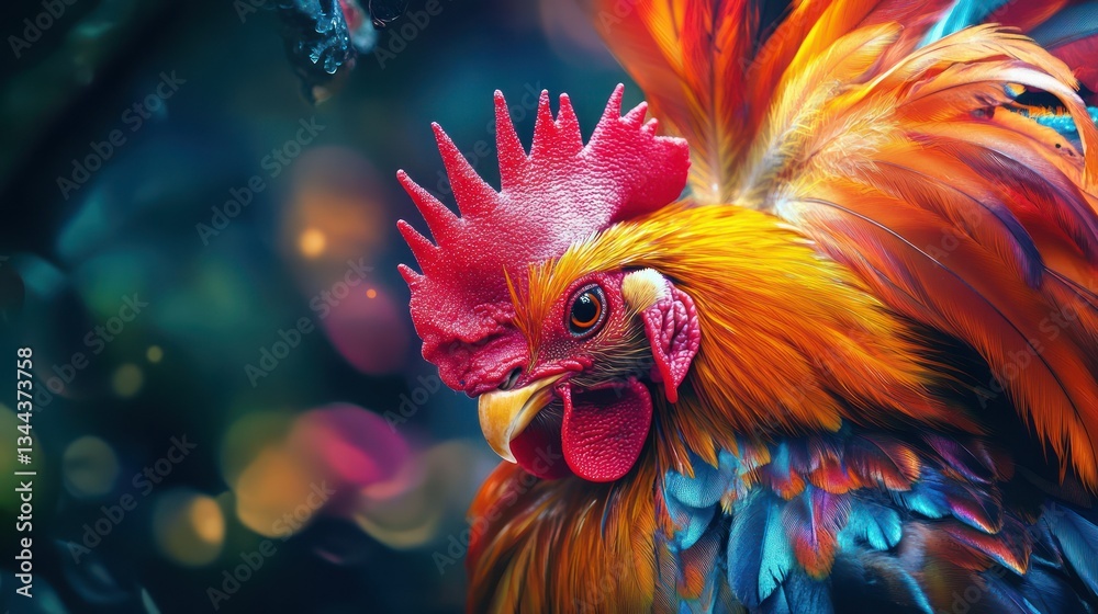 Fototapeta premium Vibrant Rooster Garden Portrait