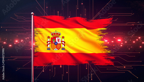 Futuristic Spain flag with digital grid overlays, high-tech symbolism