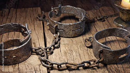 A pair of rusted iron shackles connected by heavy chains, lying on an aged wooden table. The dim candlelight adds a somber tone, symbolizing the painful history of slavery and the fight for freedom.
