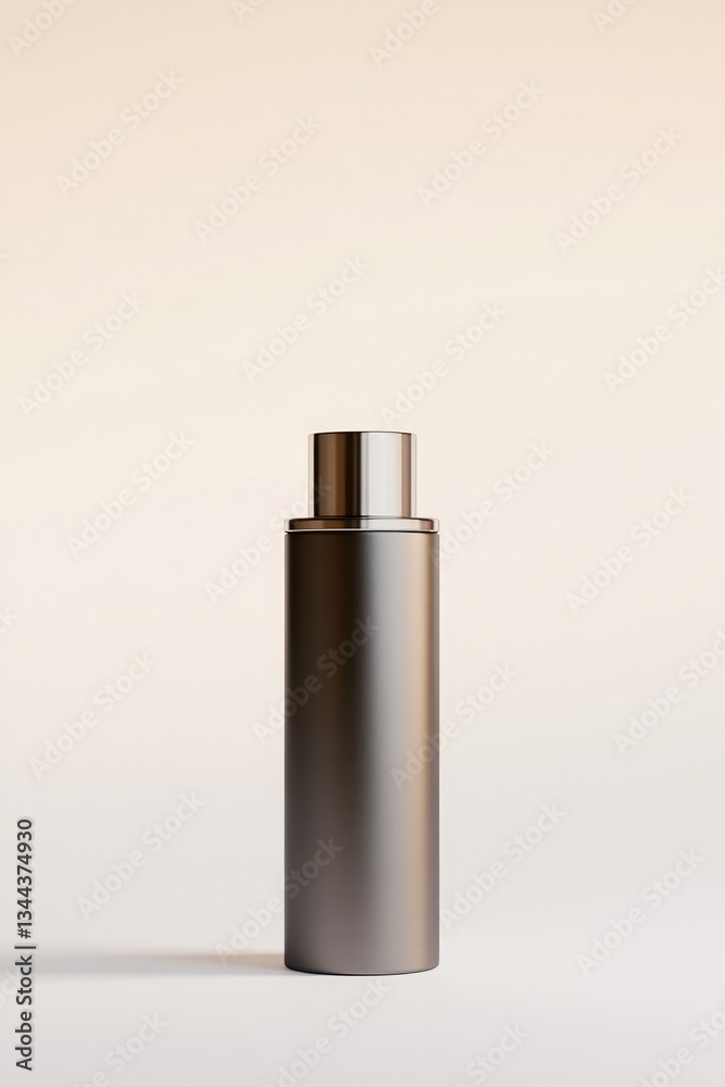 sleek modern 3d-rendered cylindrical cosmetic bottle with metallic cap placed against plain softly lit background to sleek modern 3d-rendered cylindrical cosmetic bottle with metallic cap placed against plain softly lit background to
