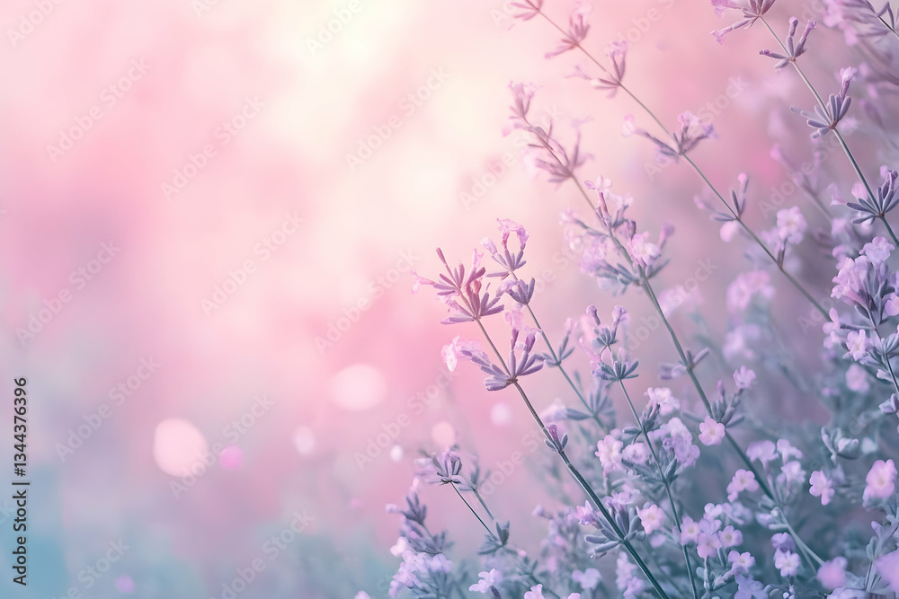 Fototapeta premium Lavender Flowers Blooming Against A Soft Pink And Blue Background