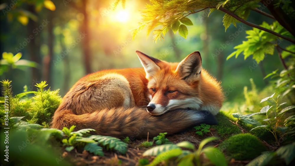 Fototapeta premium Sleeping Red Fox in Lush Forest Clearing - Wildlife Photography