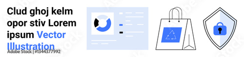 Analytical dashboard, shopping bags, and locked shield emphasizing e-commerce, security, analytics, technology, retail, online shopping, and protection perfect for a flat landing page banner