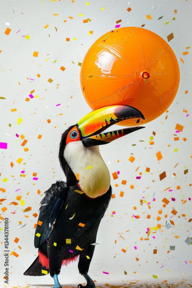 Obraz premium Cheerful Toucan with Beach Ball