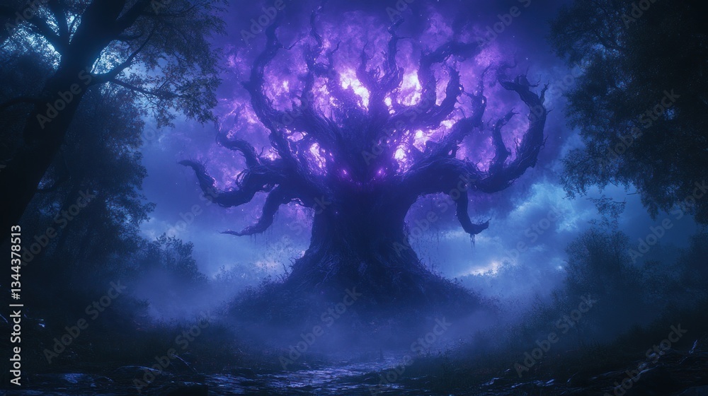 Fototapeta premium Glowing purple mystical tree in dark forest at night.