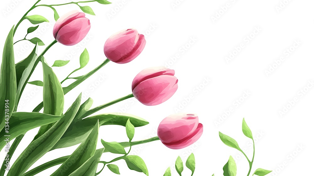Obraz premium Pink tulips and green leaves against white backdrop for floral design elements