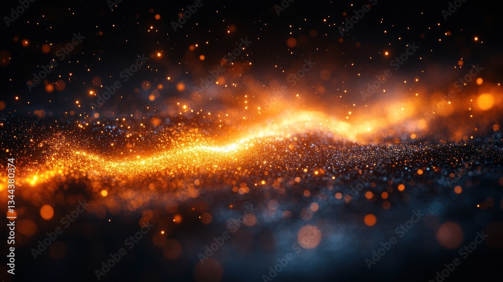 Naklejka premium Glowing orange and blue particles wave on dark background.