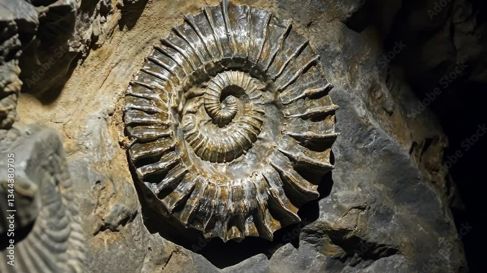 Fossil of an ammonite embedded in stone found in a geological exhibit at a natural history museum Fossil of an ammonite embedded in stone found in a geological exhibit at a natural history museum