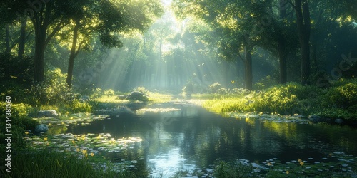 Sunlight streams through forest, tranquil river