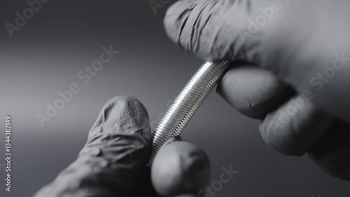 A black glove on the hands , a spring is shown in the hands and how it bends in different directions