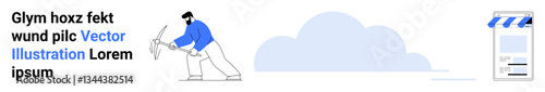 Man digging data symbolized by a pickaxe, with cloud and storefront elements. Ideal for data mining, analytics, cloud technology, e-commerce, innovation, teamwork, and simple landing page
