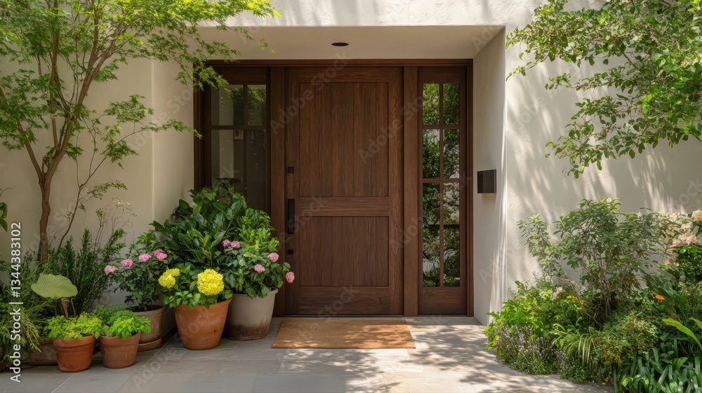 Naklejka premium Sunlit Entryway with Dark Brown Wooden Door and Lush Greenery