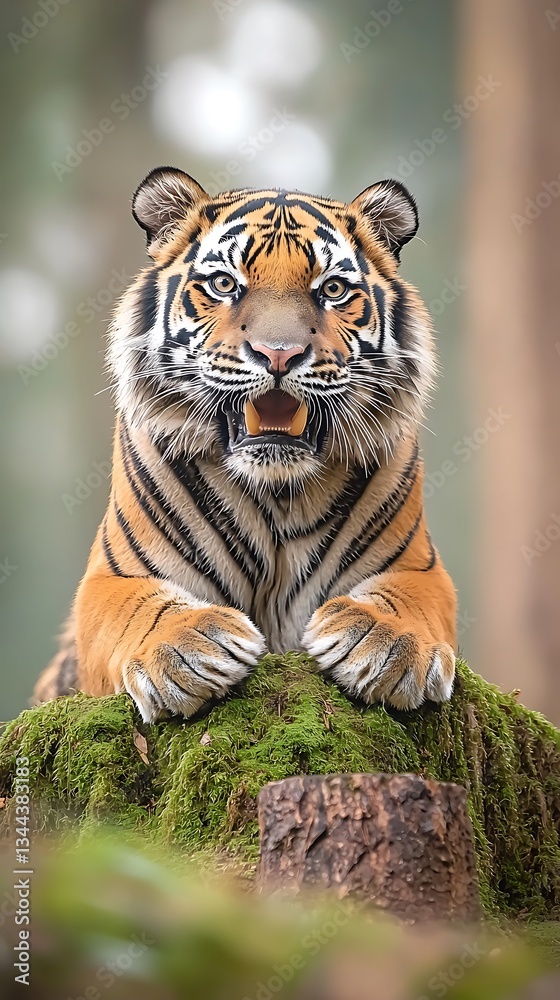 Majestic tiger resting on mossy log