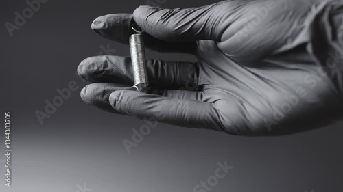 A black glove on the hands , a spring is shown in the hands and how it bends in different directions