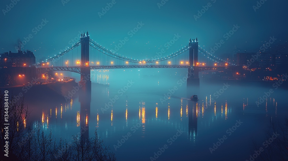 Naklejka premium Serene night view of illuminated bridge over misty river with reflections