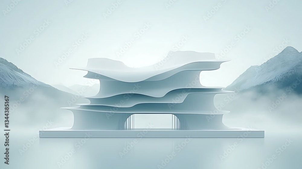 Minimalist architectural structure nestled in a serene mountain landscape
