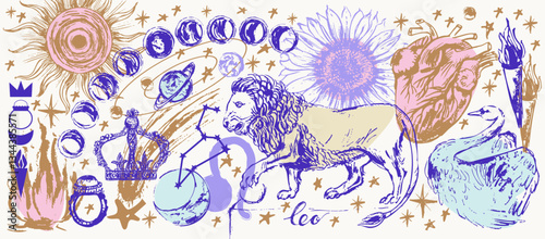 Hand drawn leo zodiac sign illustration, horoscope background with astrology symbols and talismans.