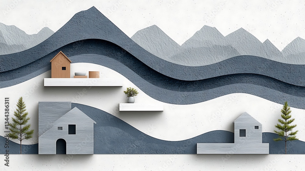 Minimalist mountain landscape with tiny houses on shelves