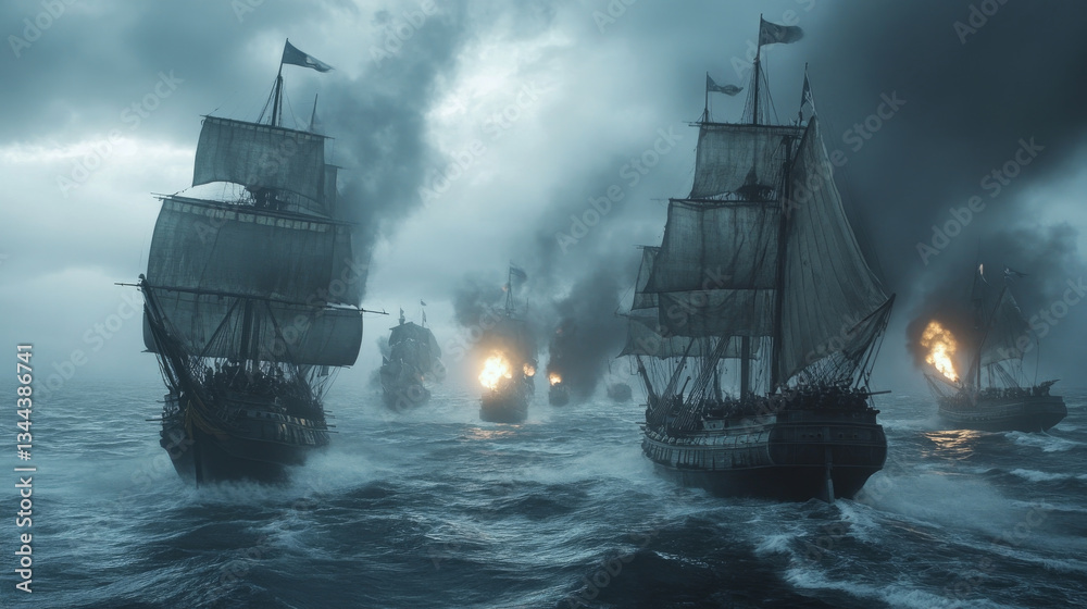 Obraz premium dramatic scene of warships battling in turbulent waters, surrounded by dark clouds and smoke. Explosions illuminate chaos, creating tense atmosphere of conflict and adventure