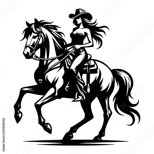 A vector silhouette of a cowgirl riding a horse, isolated on a white background.