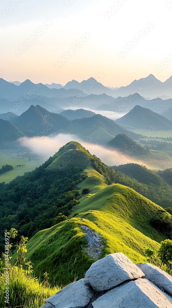 Misty mountain range at sunrise. Lush green hills and valleys