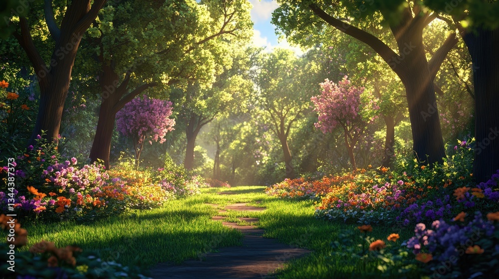 Naklejka premium Lush Green Pathway Through Vibrant Floral Garden with Sunlight Filtering Through Tree Canopy