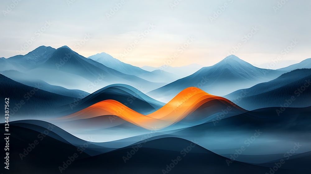 Misty mountain range with vibrant orange accents