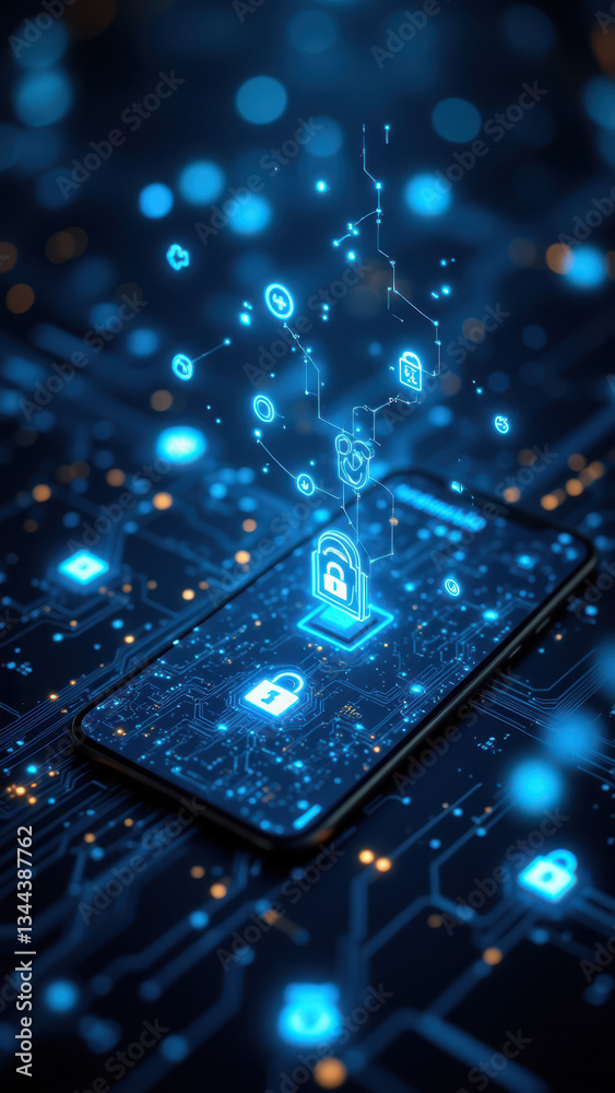 Fototapeta premium Cybersecurity with a smartphone at the center of a data flow network featuring Kubernetes and 2FA protection.