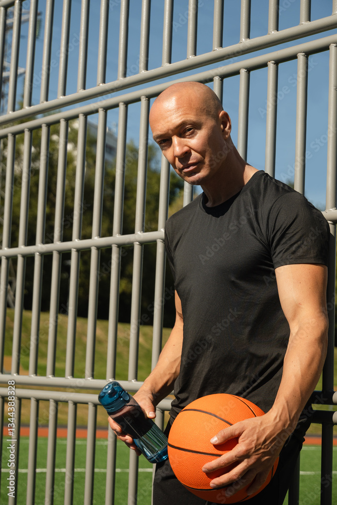 Portrait of basketball player or coach in black t-shirt holding basketball ball and water bottle on sports field. Outdoors. Basketball coach.