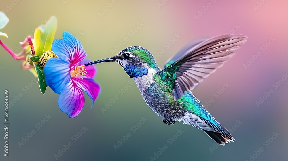 Obraz premium A vibrant hummingbird feeding on a colorful flower.