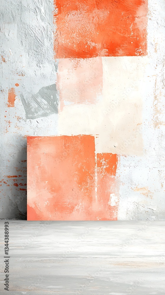 Modern abstract art piece, coral and beige hues, displayed on a textured wall