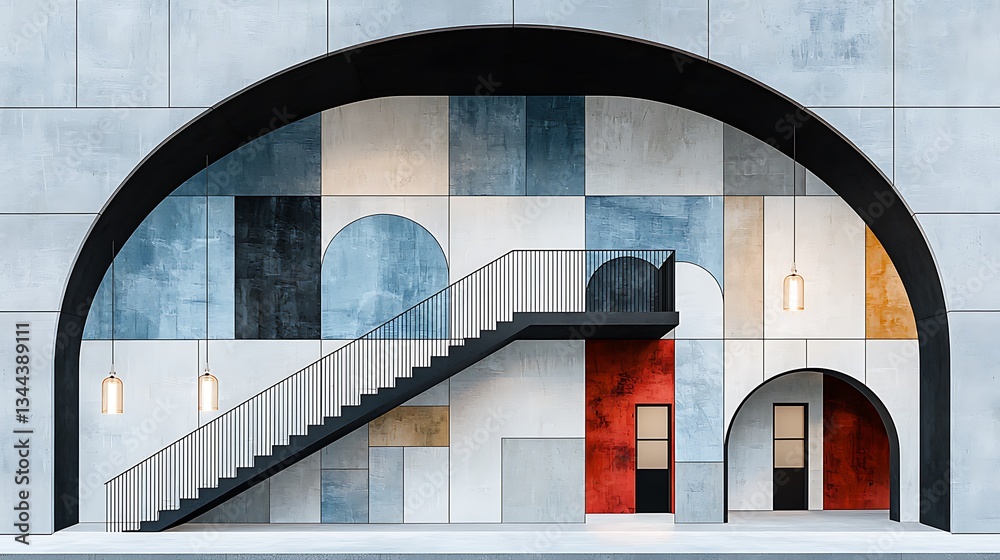 Modern architectural archway with colorful mosaic walls and stairs