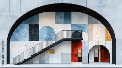 Obraz na płótnie Modern architectural archway with colorful mosaic walls and stairs w salonie