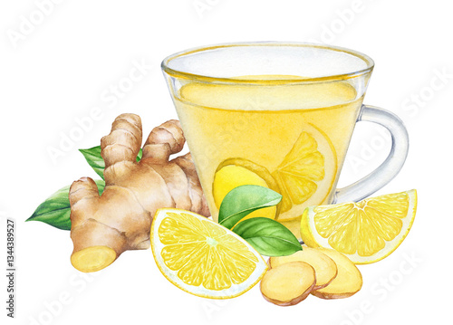 Design of watercolor hand drawn glass cup with ginger lemon tea, lemon fruit and ginger root with slices and green leaves.
